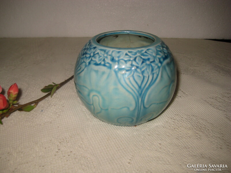 Zsolnay blue, spherical vase 9 x 7 cm, with Art Nouveau pattern