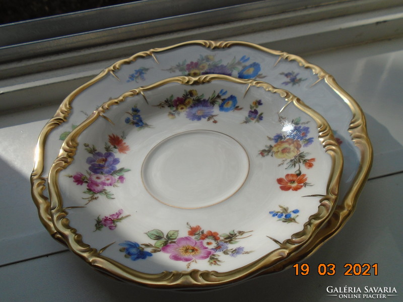 1940 Maria Theresa breakfast dish with unique hand-painted Meissen floral designs, opulent gilding