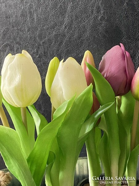 Miracle tulips in a tin pot, rubber tulips