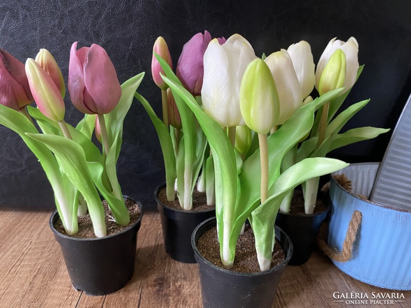 Miracle tulips in a tin pot, rubber tulips