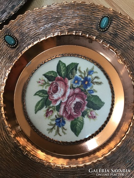 Old copper wall plate, 2 decorated with needle tapestry and fire enamel.