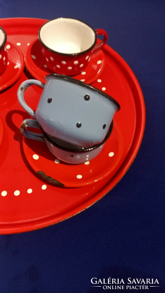 Enamel cups red blue, dotted, floral. Tray saucers