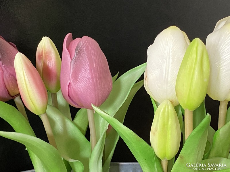 Miracle tulips in a tin pot, rubber tulips