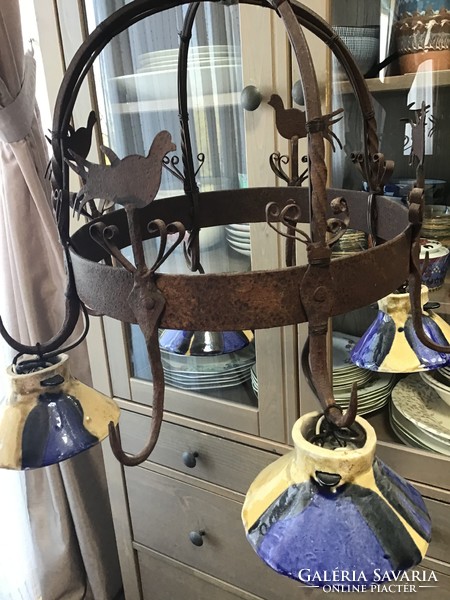 Antik francia kovácsoltvas edénytartó, konyhai lámpának alakítva