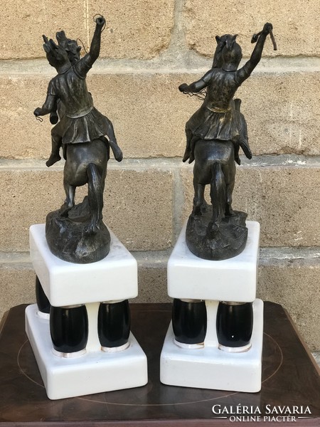 Metal equestrian soldier statue on porcelain pedestal 48cm