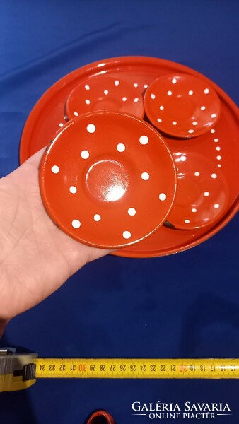 Enamel cups red blue, dotted, floral. Tray saucers