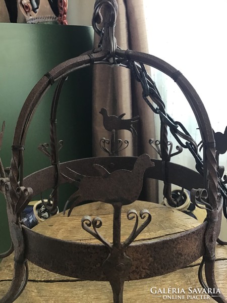 Antique French wrought iron pot holder, converted into a kitchen lamp