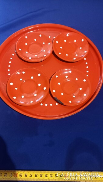 Enamel cups red blue, dotted, floral. Tray saucers