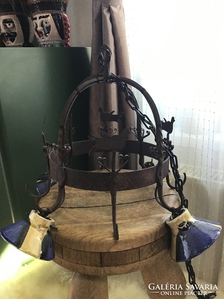 Antik francia kovácsoltvas edénytartó, konyhai lámpának alakítva