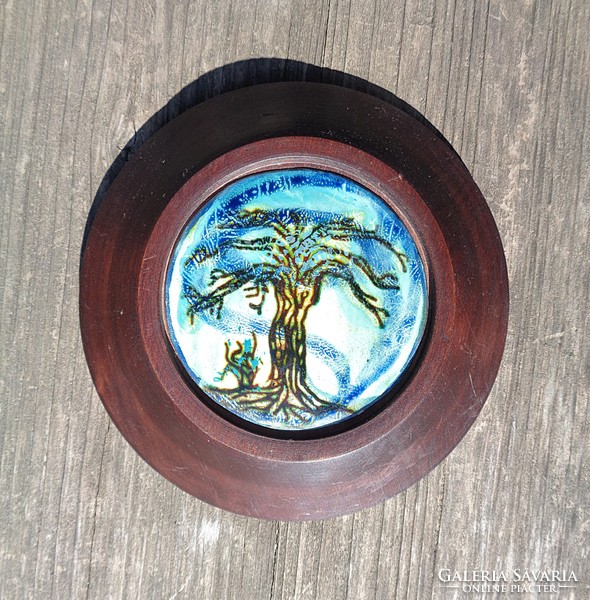 Tree of life, fire enamel picture in a wooden frame