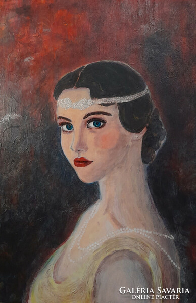 Mysterious eyes - neo art deco painting 55x46cm. Created by Eszter Palaics, studio price