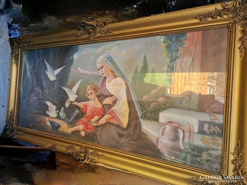 Eladó csodálatos vallási festmény faragott keretben, üveg hátlap előlap