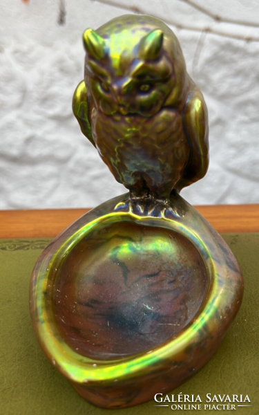 100-year-old Zsolnay green eosin - owl business card holder or ashtray