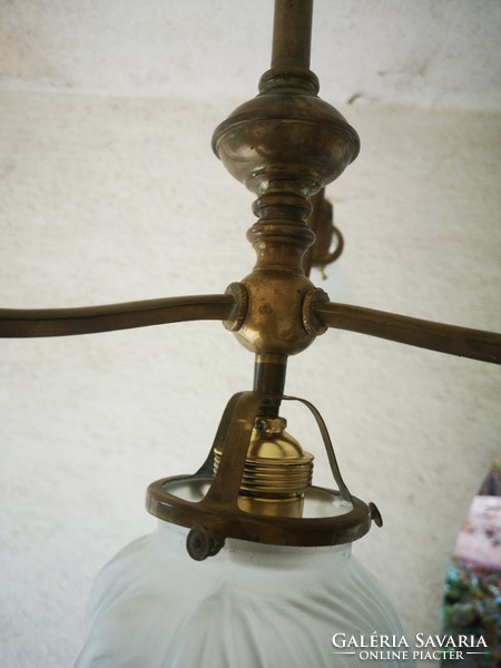 Antique Art Nouveau copper chandelier with beautiful shades!