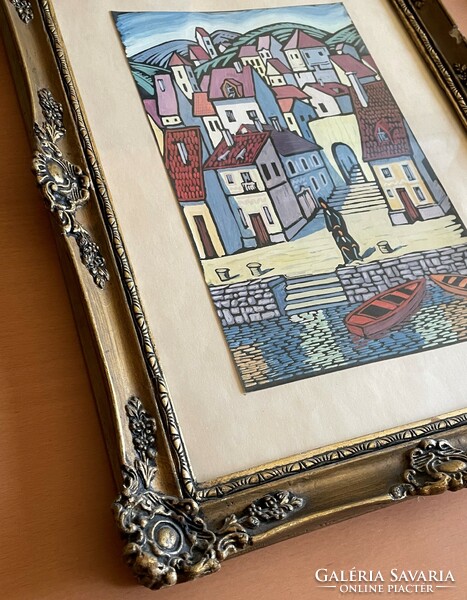 Waterside town painting - paper (by unknown artist) 31 x 19.5 cm (with frame: 48 x 37 cm)