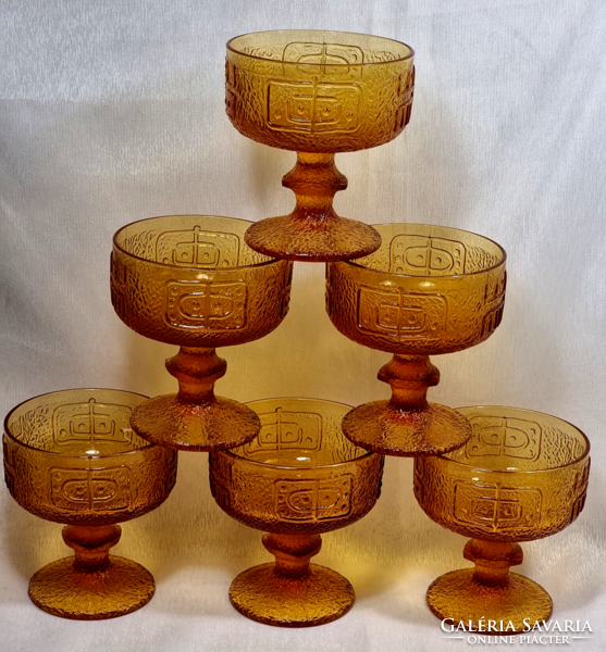 Set of 6 amber colored ice cream cups, riihimaen lasi Finnish manufactory, circa 1970