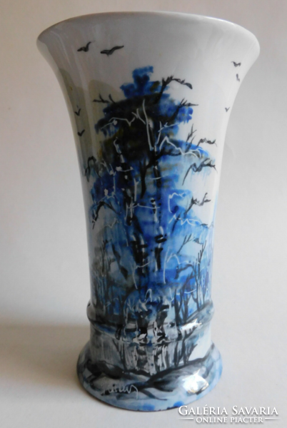 Signed porcelain vase painted by painter G. Bucur - birch forest