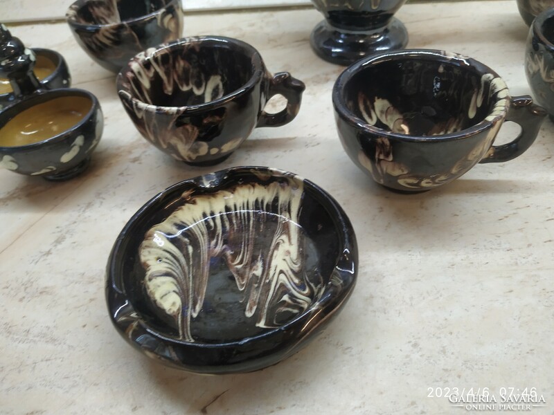 Korondi ceramic coffee set for sale! Drizzled glazed set with ashtray and salt and pepper holder