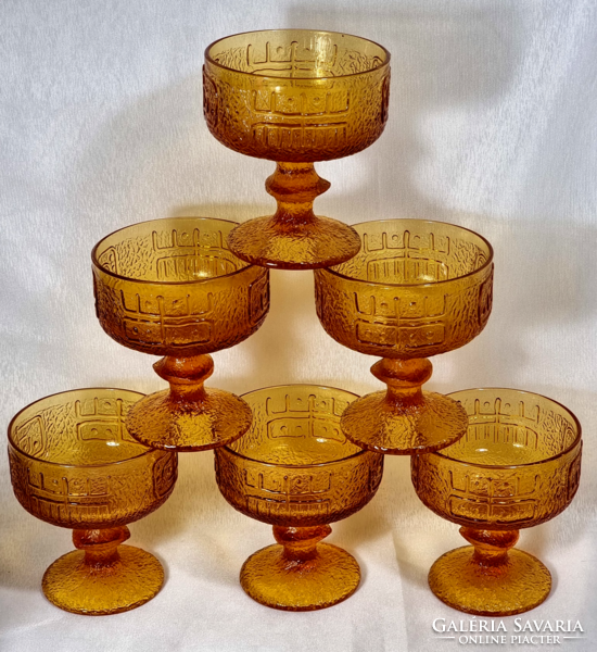 Set of 6 amber colored ice cream cups, riihimaen lasi Finnish manufactory, circa 1970