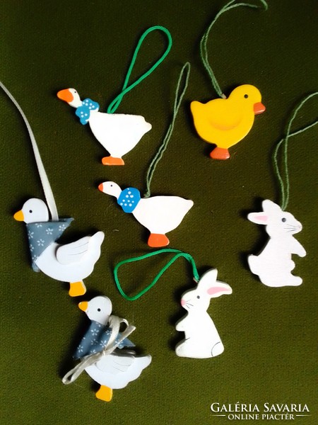 Seven Painted Colorful Wooden Hanging Figures Goose Goose Rabbit Bunny Yellow Chick Easter Spring Decoration