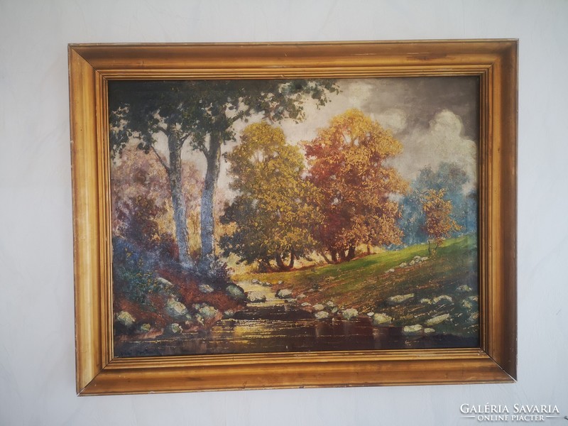 Antik Tájkép festmény Vári Vojtovits Zoltán erdő részlet patakkal katalógusos kép