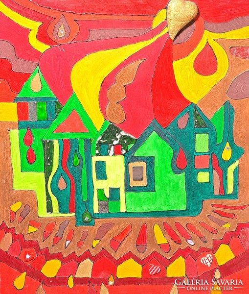 Oil painting made in the style of Hundertwasser with modern applied technique - colorful street scene, naive