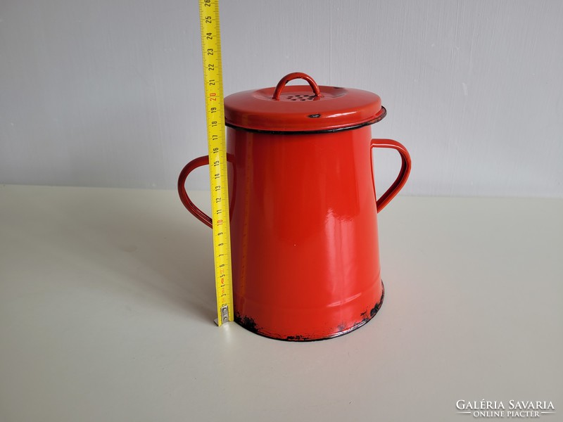 Old enameled small size 2 l red enameled iron bucket with lid fat bucket jug 2 liters