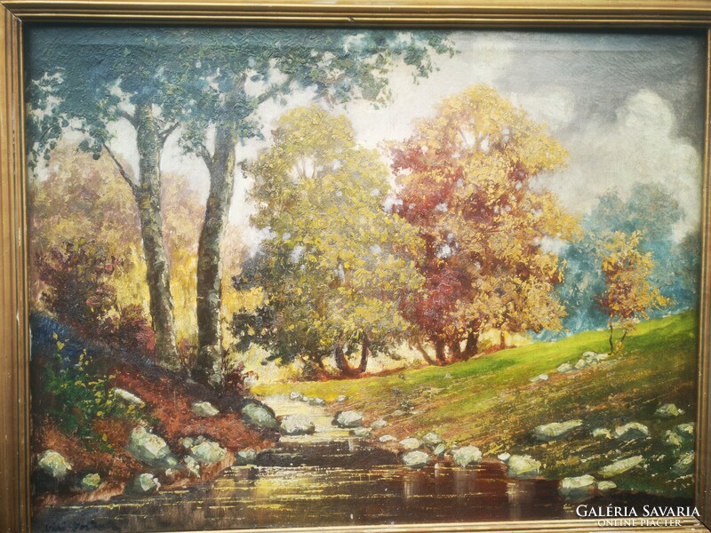 Antique landscape painting Vári Vojtovits Zoltán forest detail with stream catalog image