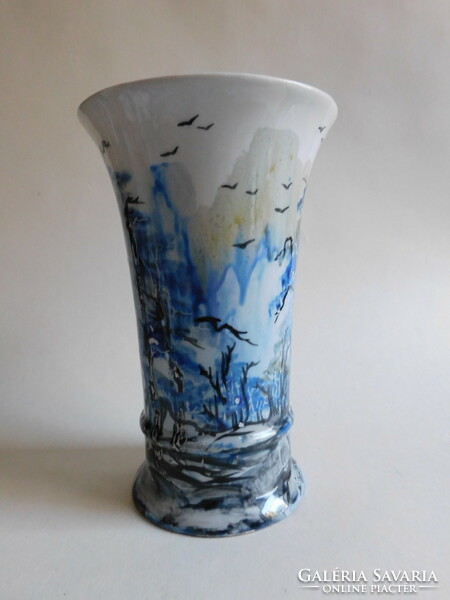 Signed porcelain vase painted by painter G. Bucur - birch forest