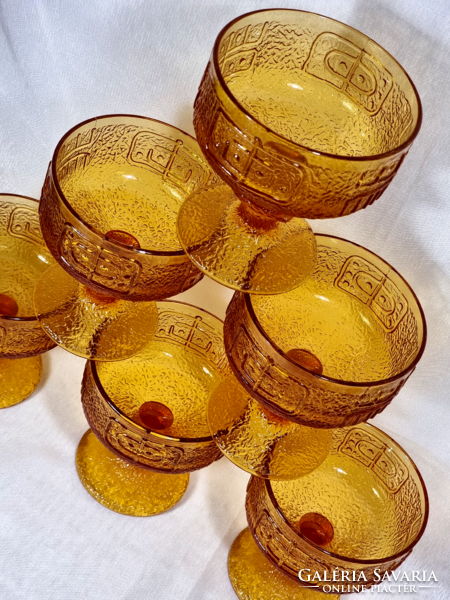 Set of 6 amber colored ice cream cups, riihimaen lasi Finnish manufactory, circa 1970