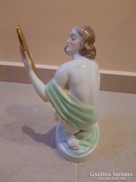 Herend porcelain woman with a mirror, looking into the mirror, female nude figure