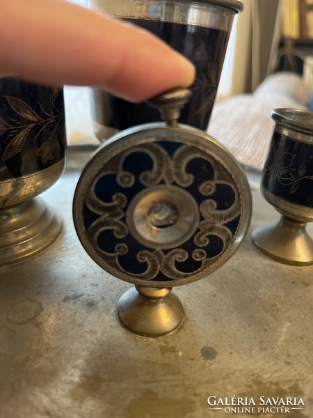 Old smoking set, with a cigar cutter, with equestrian shirt engraved motifs