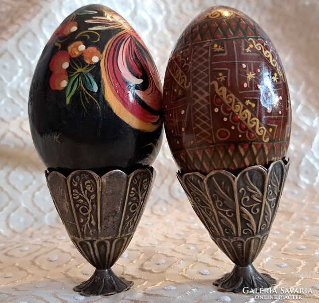 Pair of antique silver-plated egg holders, antique wood with Easter eggs, antique Easter decoration (m3562)