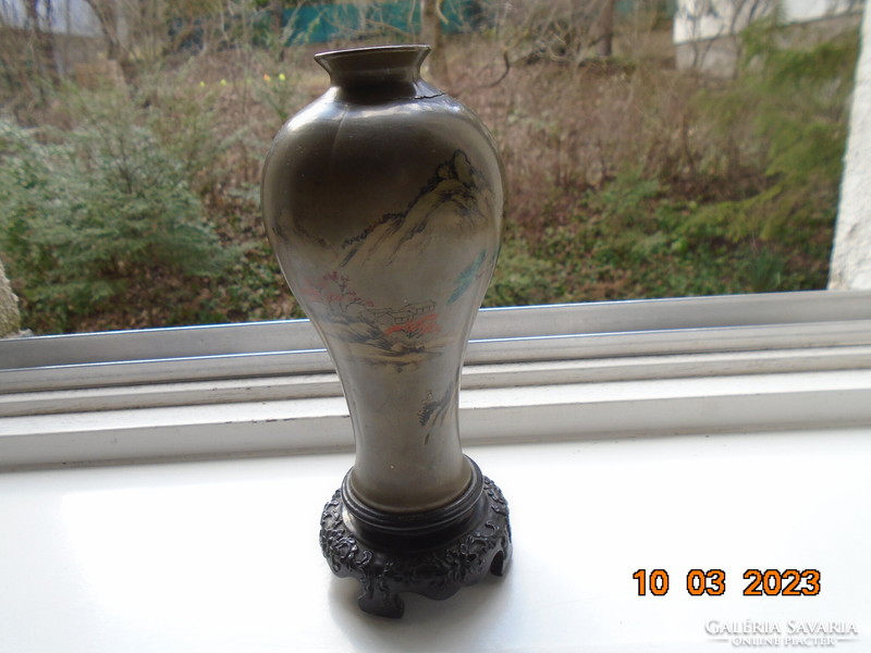 Antique meiping shen shao an type Chinese vase with decorative carving and wooden base