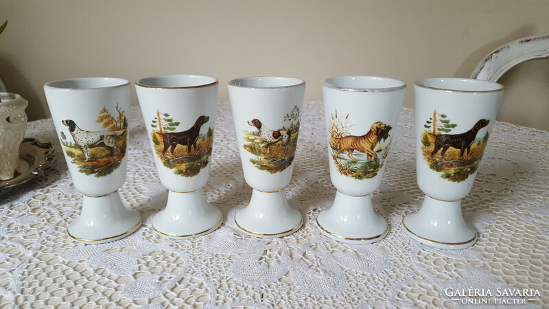 French Limoges porcelain, hunting dog mazagran cup 5 pcs.