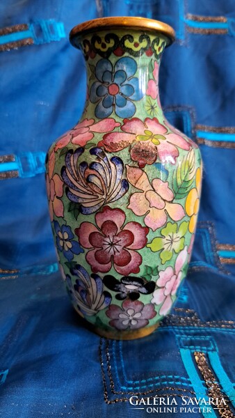 Régi rekeszzománc réz váza, cloisonné váza (M3559)