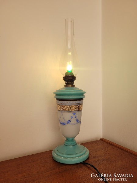 Old antique large convex pattern painted Art Nouveau huta glass kerosene lamp electric lamp