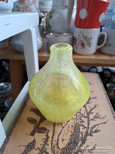 Retro citromsárga sárga váza  repesztett Gyönyörű  Fátyolüveg fátyol karcagi berekfürdői üveg