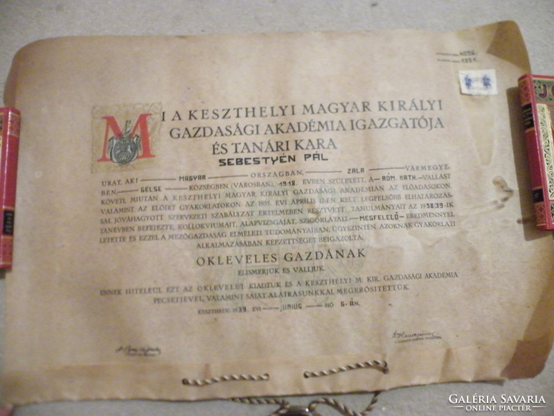 Old diploma-Hungarian Royal Academy of Economics with seal, in a wooden box, with top stamp (June 15, 1939)