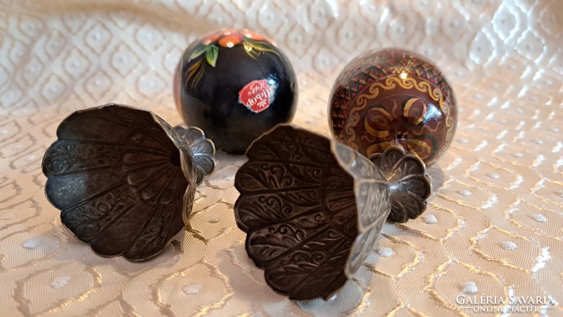 Pair of antique silver-plated egg holders, antique wood with Easter eggs, antique Easter decoration (m3562)