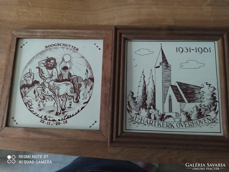 3 painted tile pictures in a wooden frame