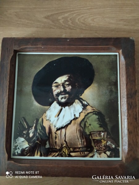 Painted tile picture in a wooden frame