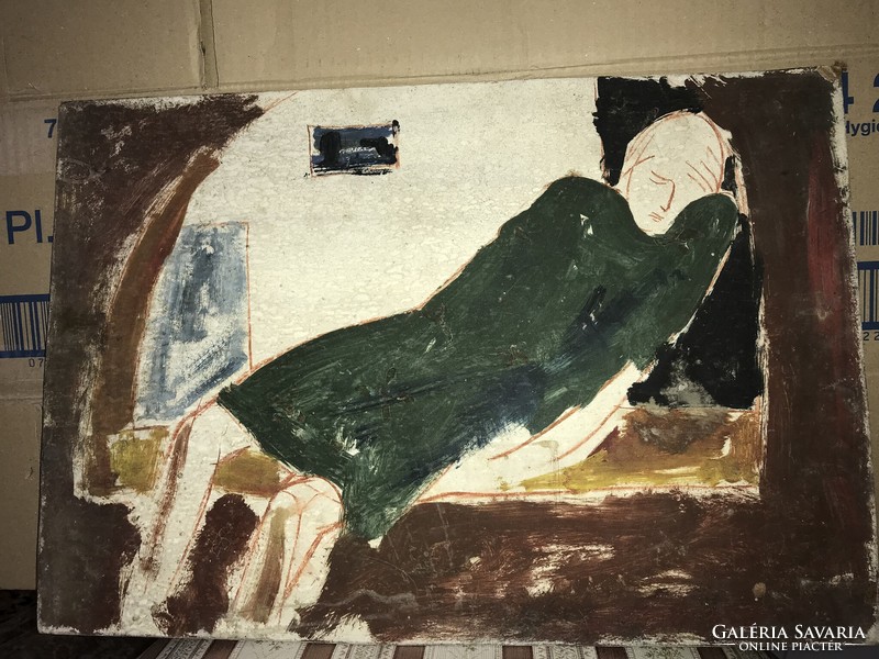 Modern festmény Pihenő nő  olaj, farost kb .1960 körüli