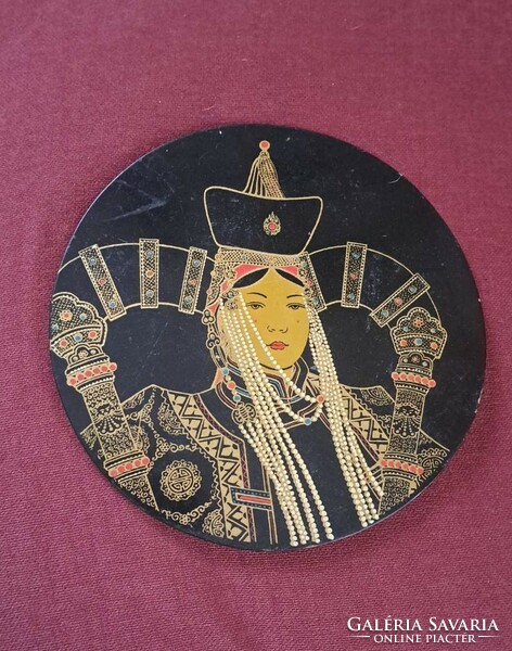 Eastern warrior woman, made with East Asian painted lacquer technique.