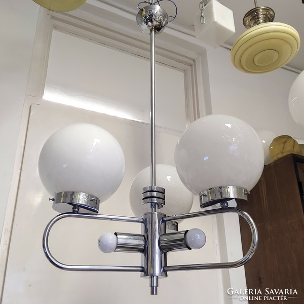 Art deco - streamline - bauhaus 3-arm - 6-burner chromed chandelier renovated - milk glass spherical shades