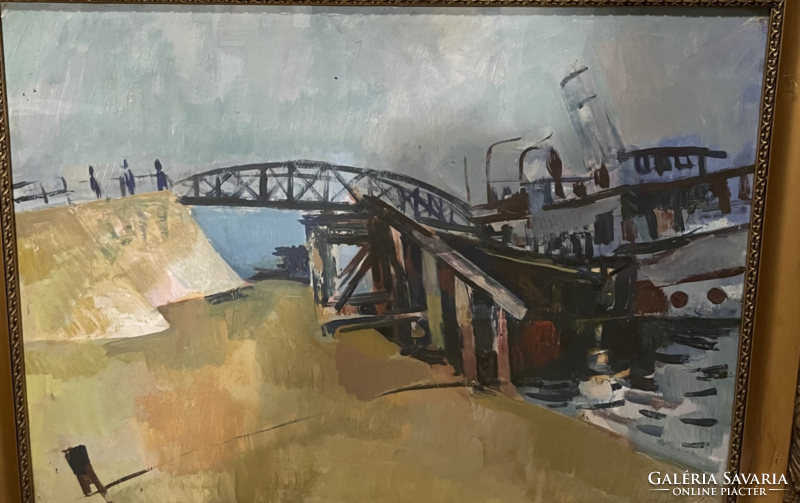 Bér Rudolf (1924-2004) Hajóállomás c.Képcsarnokos festménye