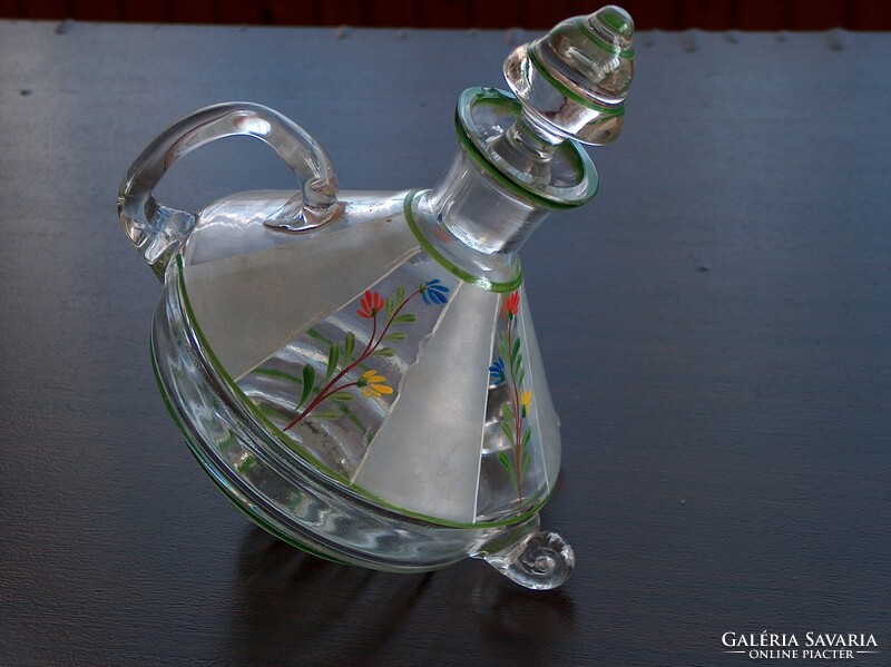 Interestingly shaped old Art Nouveau stained glass liqueur pourer, offering flawless