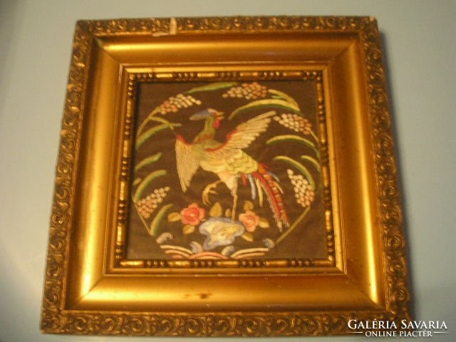 N6 Antik 110 éves művészi paradicsom vagy főnix  madaras 2 üveglapos dísz falkép lap aranyozott