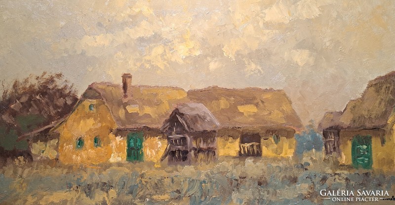 József Tímár: houses at sunset - oil painting, contemporary painter - village cottages
