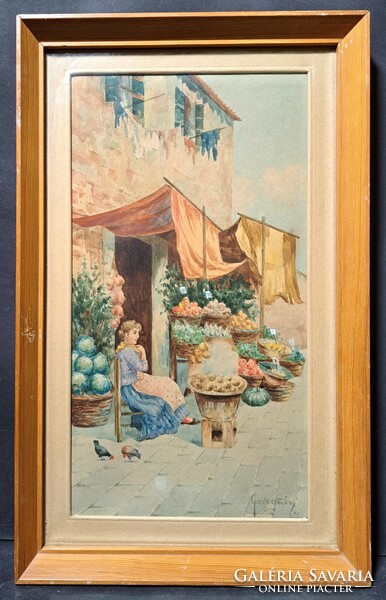 Natale Gavagnin :A zöldségárus lány - mediterrán akvarell utcakép -